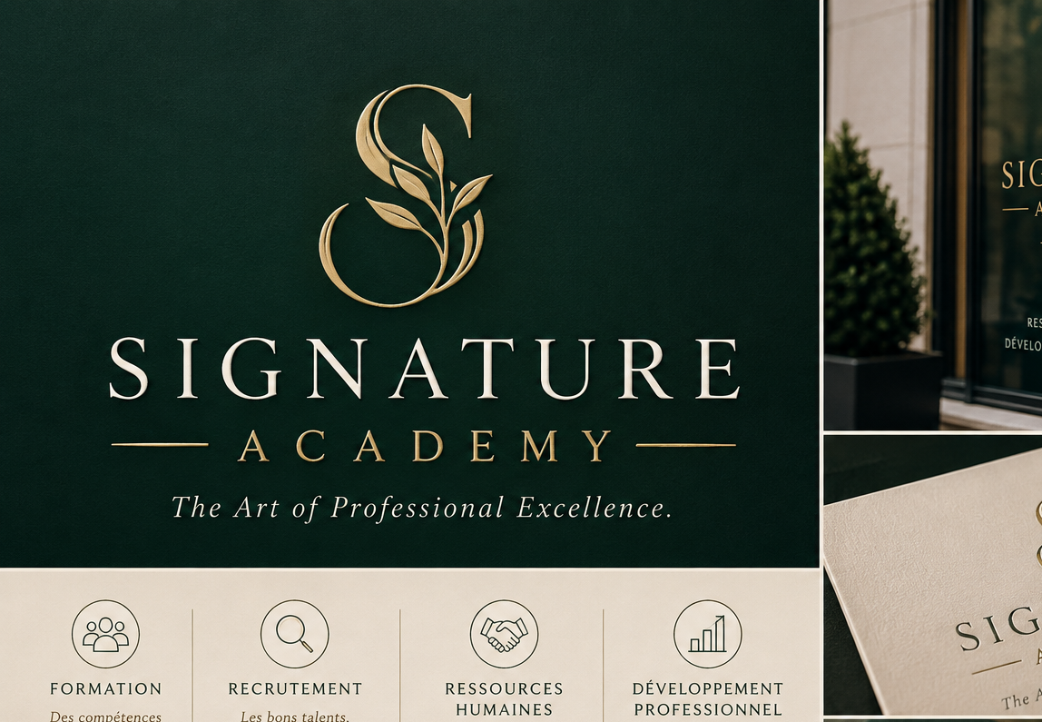 Identité visuelle Signature Academy, vert forêt et doré